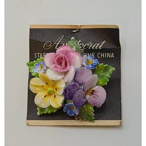 Vintage Staffordshire Bone China Floral Brooch Aristocrat Hand Painted England
